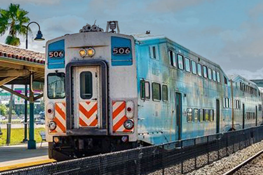 A Tri-Rail train stopped at a station in West Palm Beach.