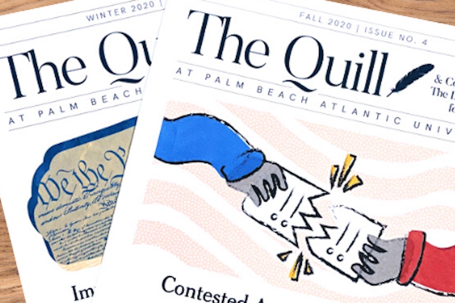 The Winter 2020 and Fall 2020 editions of The Quill laying on a tabletop.
