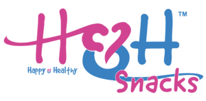 Blue and pink Happy and Healthy Snacks logo on white background