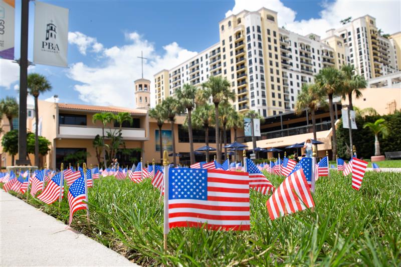 American flags decorate the lawn of Palm Beach Atlantic University's West Palm Beach Campus.