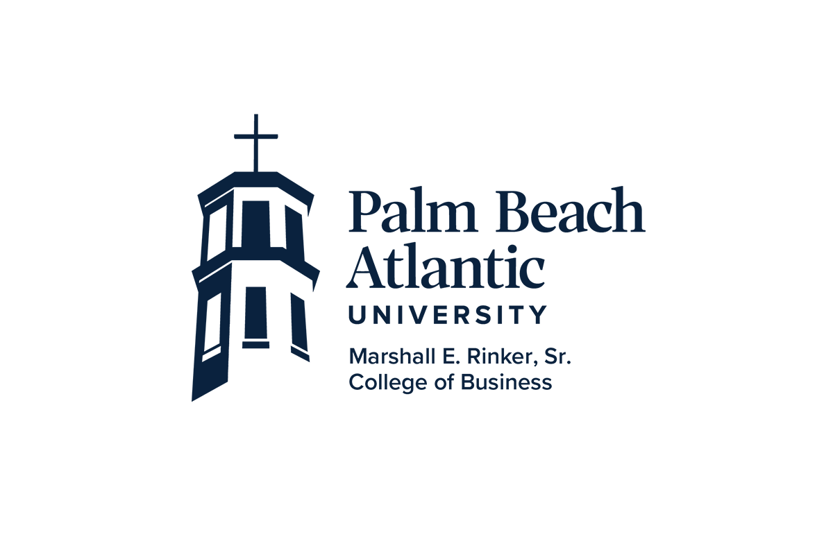 Palm Beach Atlantic University features Marshall E. Rinker, Sr. College of Business logo of a steepled tower.