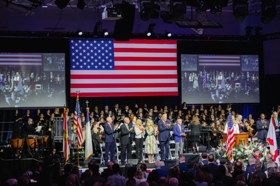 American Free Enterprise medalists are honored on a patriotic stage at Palm Beach Atlantic University.
