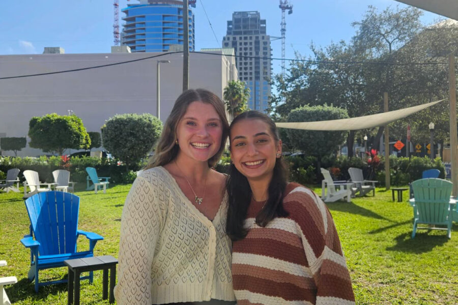 Brooke Jones and Jasmine Vega on Palm Beach Atlantic University campus.