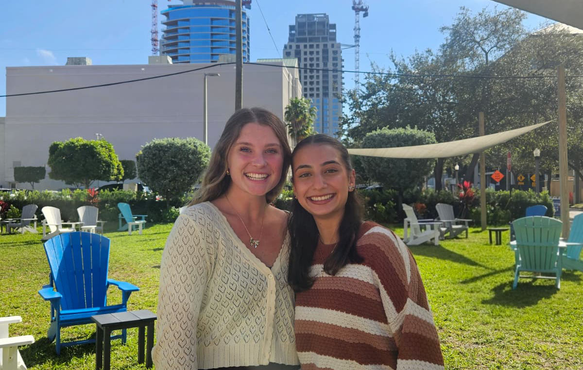 Brooke Jones and Jasmine Vega on Palm Beach Atlantic University campus.