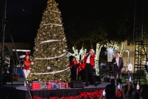 Students celebrate as Christmas tree lights up.