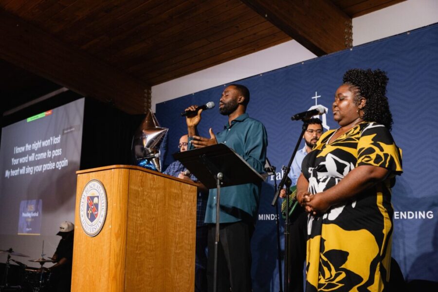 Musicians lead worship at Voices for Change Preaching Festival at Palm Beach Atlantic University.
