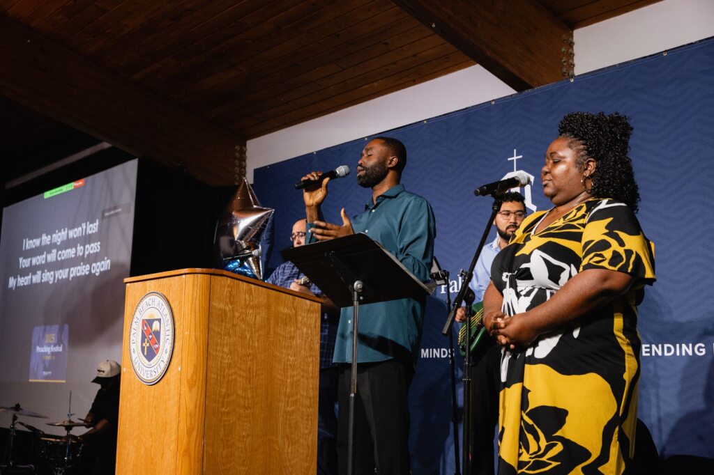 Musicians lead worship at Voices for Change Preaching Festival at Palm Beach Atlantic University.
