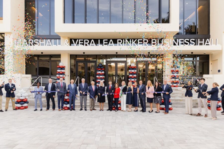 Palm Beach Atlantic University students, executives, friends, and donors celebrate opening of new Marshall and Vera Lea Rinker Business Hall.