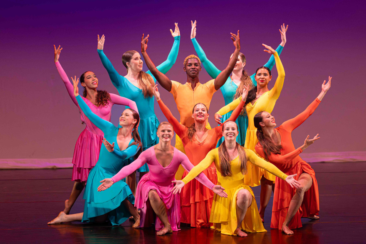 Dancers in a rainbow of costumes hold dramatic poses.