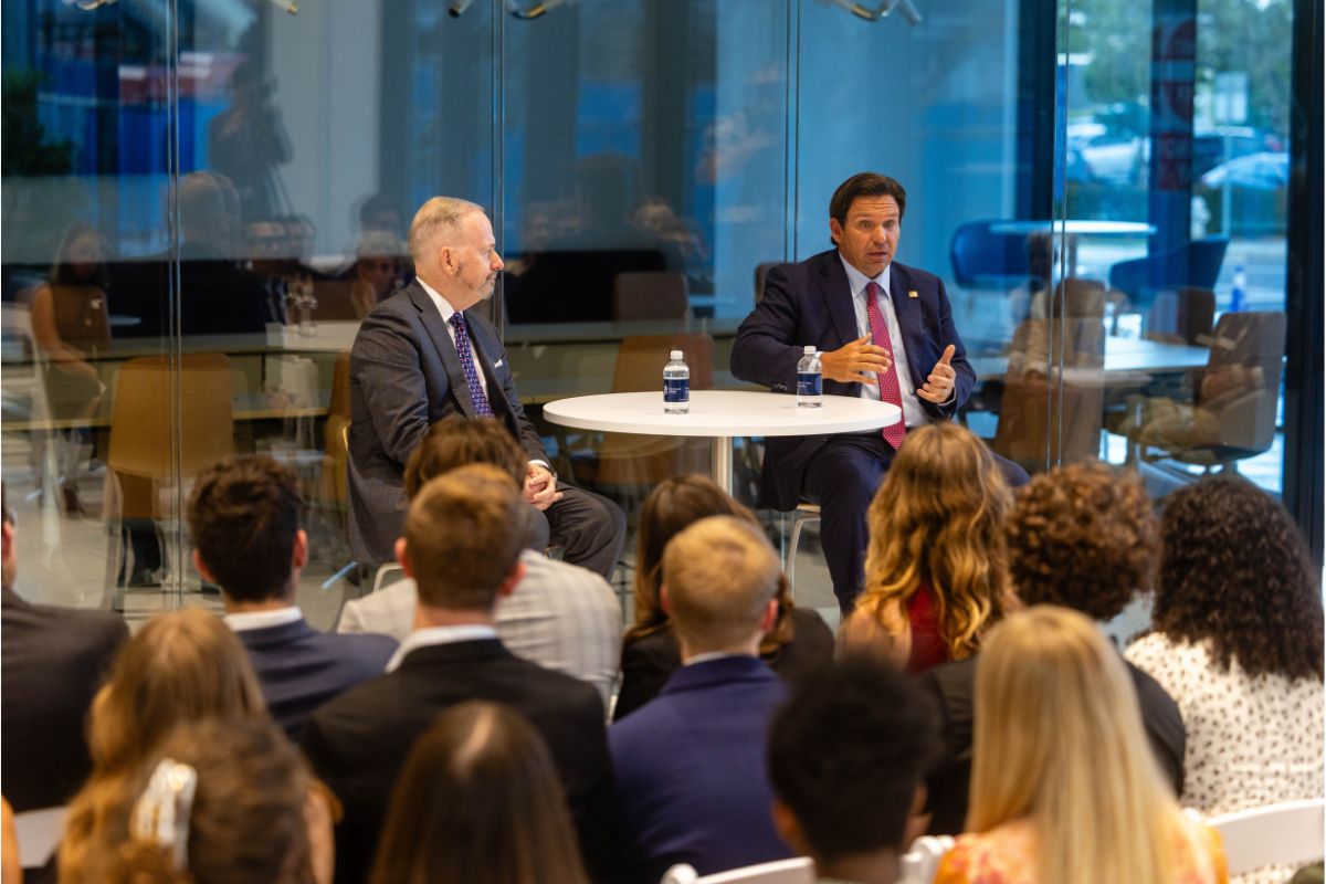 Gov. Ron DeSantis participates in a Q&A with Palm Beach Atlantic University students.