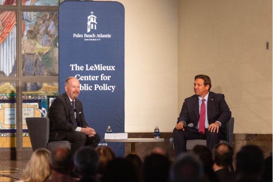 Gov. Ron DeSantis responds to Q&A with Sen. George LeMieux at Palm Beach Atlantic University.