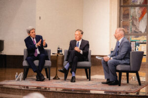 Former U.S. Secretaries of State John Kerry (left) and Mike Pompeo (center) with host, Sen. George LeMieux.