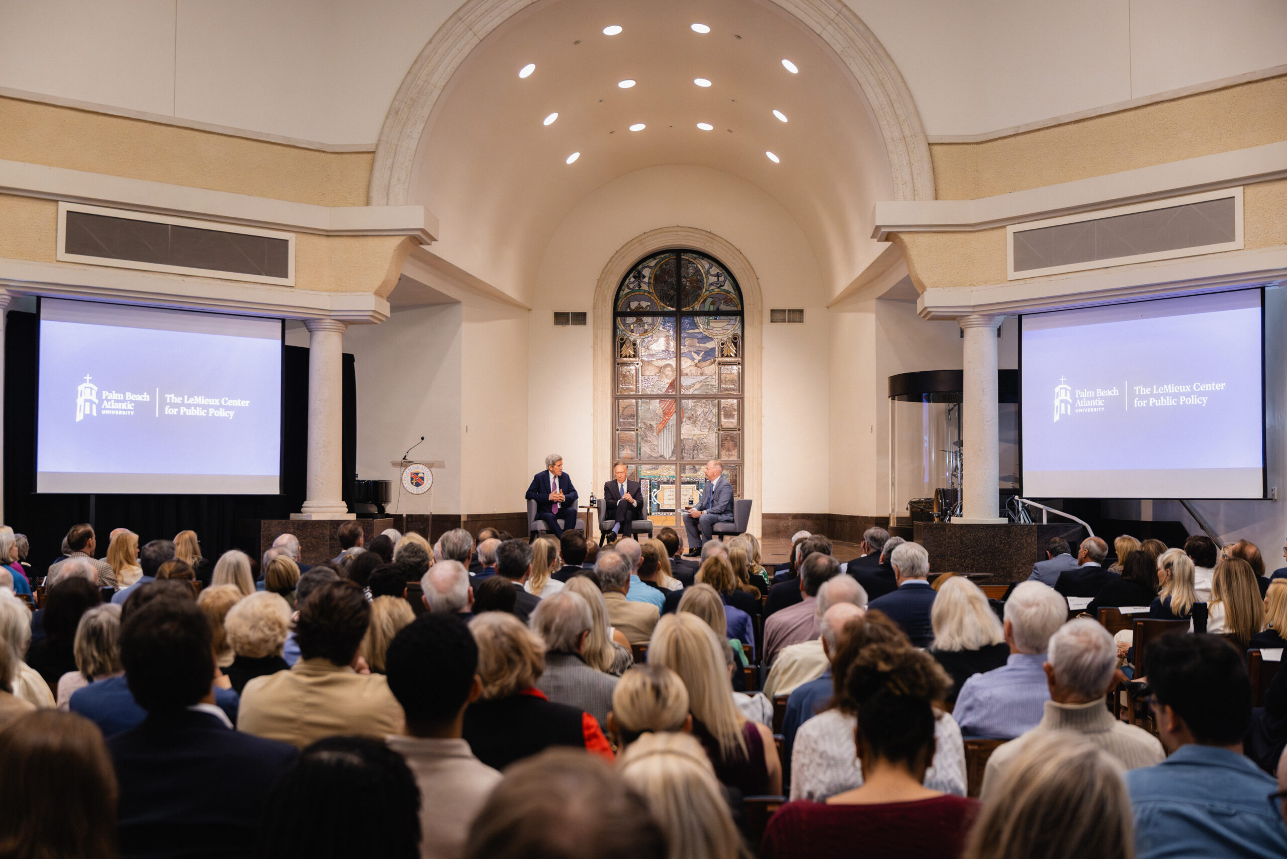 Former Secretaries of State Mike Pompeo and John Kerry presented at the 2026 LeMieux Speaker Series at Palm Beach Atlantic University's DeSantis Family Chapel.