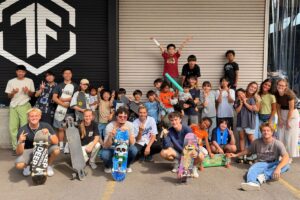 Pba students on a mission trip to Japan with skateboards